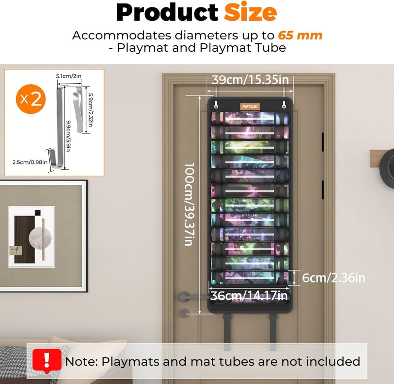 FETUSI Playmat Tube Storage Bag,Hangable Playmat Holder for MTG with 2 Hooks,Securely Locks Game Mats,Fits 12+1 Card Game Mats with Clear Plastic Slots,TCG/MTG Game Mat Case(with Reinforced Elastic Strap) - Image 2